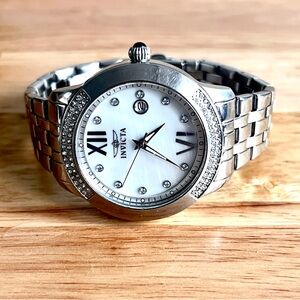 Invicta Angel Watch Womens Silver Tone MOP Crystals 7" Wrist New Battery